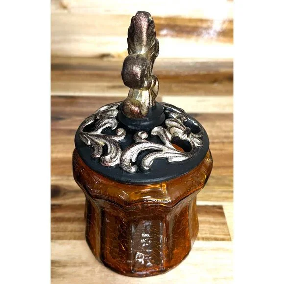Decorative Amber Crackle Glass Canister With Fluer-de-lis Lid - Picture 8 of 13